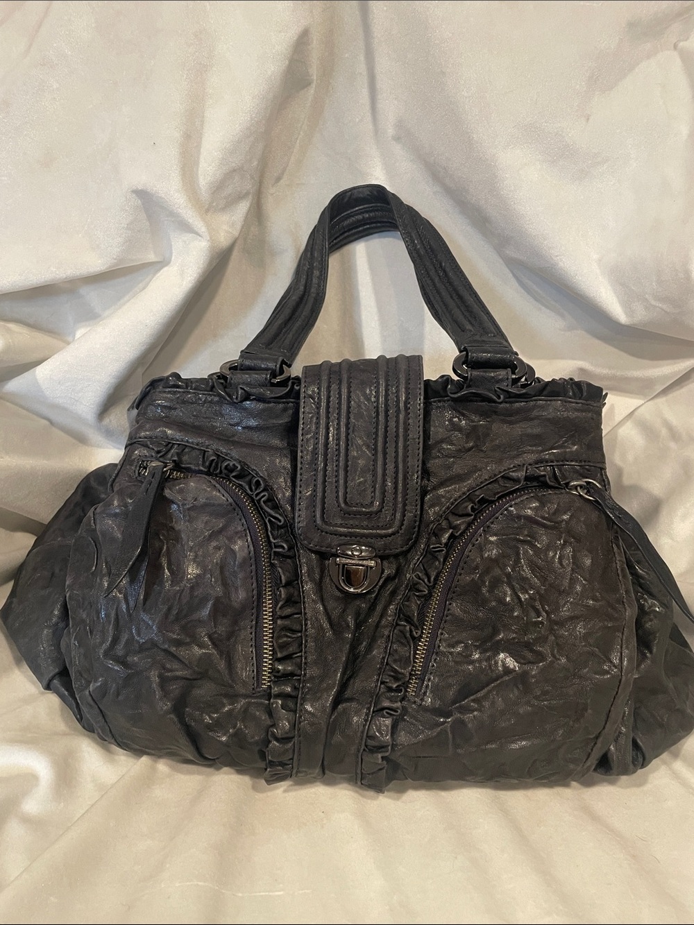 Treesje Divino Black Ruffled Leather Shoulder Bag with Zip Pockets B138
